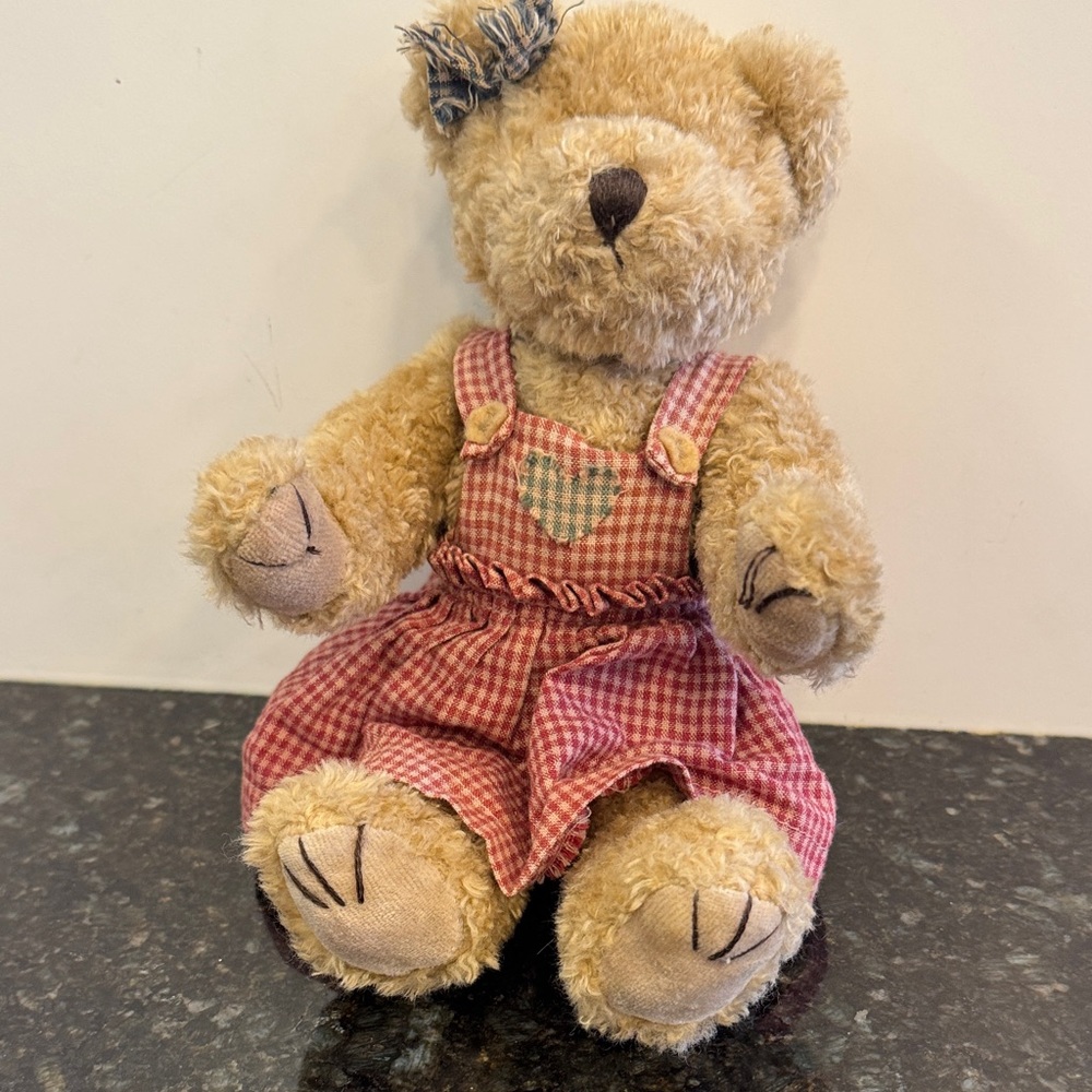 Plush Teddy Bear in Beige with Pink Gingham Outfit - Brand Unknown - Jointed